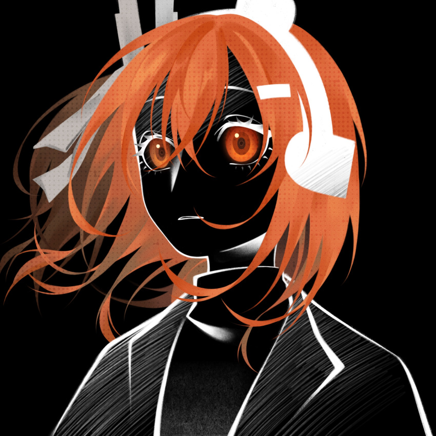 1girl a.i._voice absurdres adachi_rei black_background commentary_request expressionless floating_hair hair_ornament hair_ribbon hairclip halftone_texture headlamp headphones highres jacket looking_ahead moonmart one_side_up open_clothes open_jacket orange_eyes orange_hair parted_lips partially_colored radio_antenna ribbon shirt simple_background solo turtleneck turtleneck_shirt upper_body utau utau_bot_(utau)