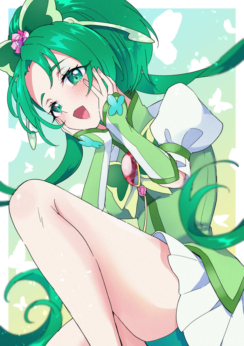 1girl arm_warmers bike_shorts_under_skirt brooch butterfly_brooch butterfly_hair_ornament cure_mint green_background green_eyes green_theme hair_ornament highres jewelry long_hair looking_at_viewer magical_girl mikorin open_mouth precure puffy_short_sleeves puffy_sleeves short_sleeves skirt smile yes!_precure_5 yes!_precure_5_gogo!