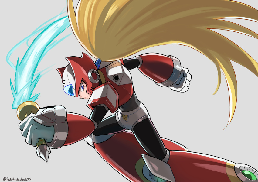 1boy armor blonde_hair blue_eyes energy_sword feet_out_of_frame forehead_jewel grey_background helmet highres holding holding_sword holding_weapon kakikuyeko3181 long_hair looking_at_viewer male_focus mega_man_(series) mega_man_x_(series) red_armor red_helmet shoulder_armor simple_background solo sword weapon z_saber zero_(mega_man)