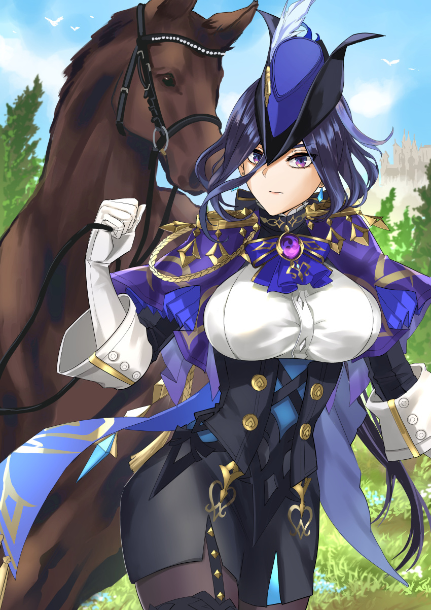 1girl absurdres ascot black_skirt blue_ascot blue_sky breasts clorinde_(genshin_impact) commentary_request corset cowboy_shot day earrings genshin_impact gloves hat hat_feather highres horse jewelry large_breasts looking_at_viewer miniskirt nappa-nappa outdoors pantyhose pencil_skirt purple_eyes purple_hair shirt skirt sky solo standing tricorne white_gloves white_shirt