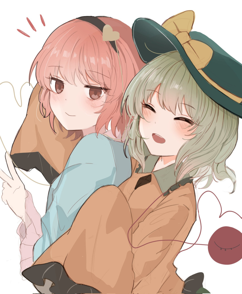 2girls :d black_hairband blouse blue_shirt blush bow closed_eyes closed_mouth commentary frilled_sleeves frills green_hat hair_ornament hairband hand_up hat hat_bow heart heart_hair_ornament highres hug hug_from_behind komeiji_koishi komeiji_satori long_sleeves looking_at_viewer multiple_girls notice_lines one-hour_drawing_challenge open_mouth pink_eyes pink_hair shirt short_hair siblings simple_background sisters smile sssoomm112 teeth third_eye touhou upper_body upper_teeth_only v white_background wide_sleeves yellow_bow yellow_shirt