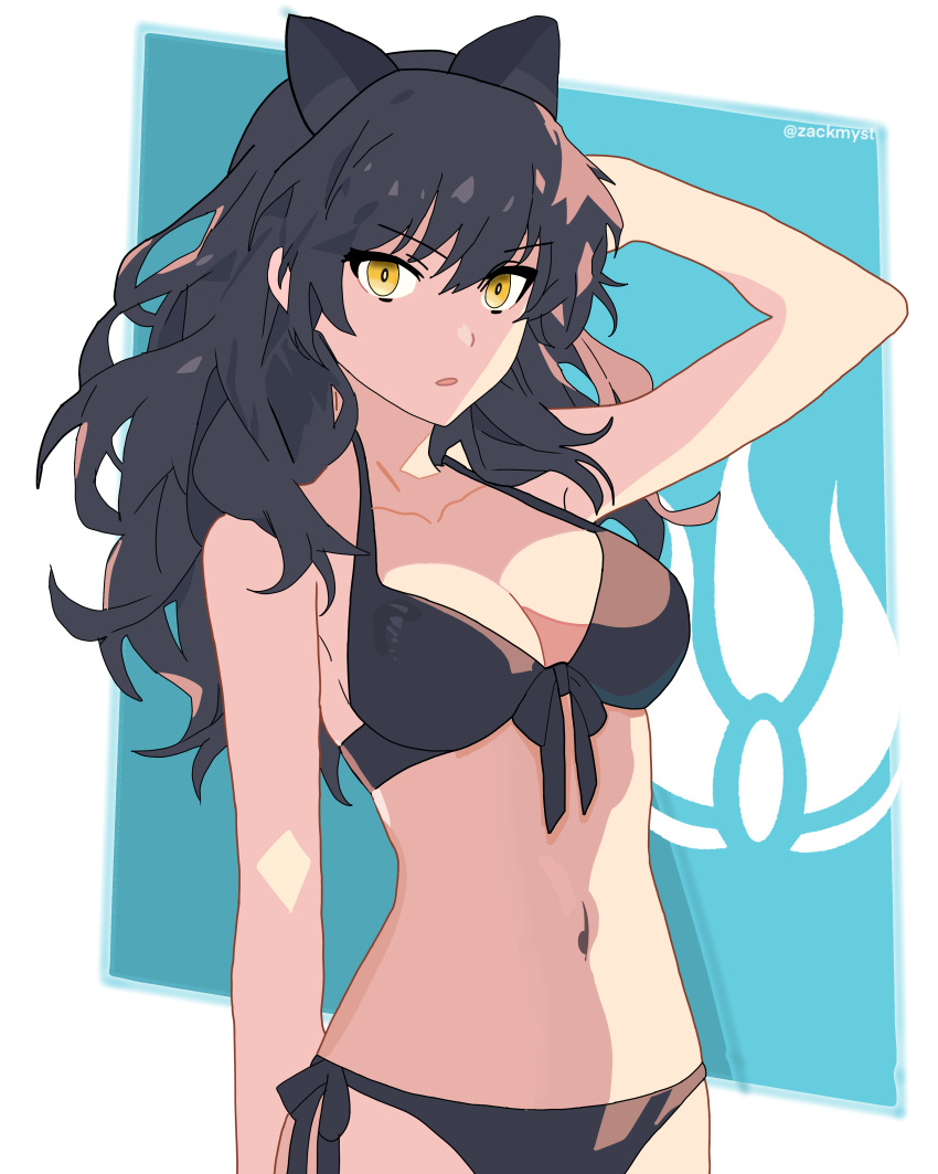 1girl :o absurdres animal_ears arm_up bikini black_bikini black_hair blake_belladonna breasts cat_ears cat_girl front-tie_top highres large_breasts long_hair navel open_mouth rwby solo stomach swimsuit wavy_hair zackmyst