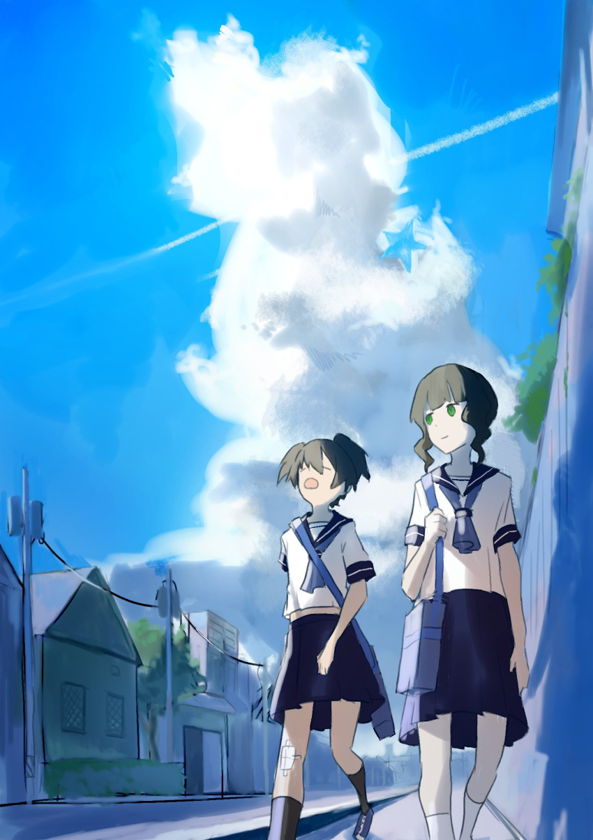 2girls bag black_hair black_rock_shooter black_socks blue_skirt blue_sky green_eyes highres kuroi_mato kuthi0510 medium_hair multiple_girls school_uniform short_twintails shoulder_bag skirt sky socks takanashi_yomi twintails white_socks