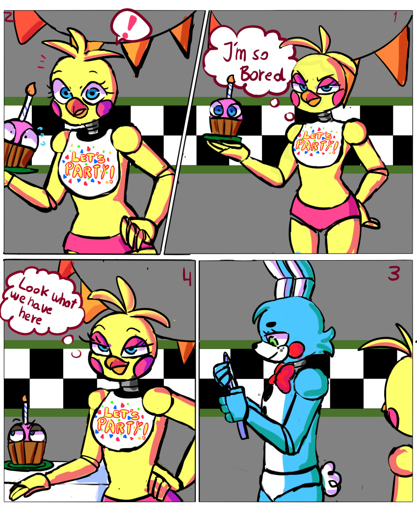 &lt;3 absurd_res anthro avian bird bored bow_tie chicken cupcake_(fnaf) duo female five_nights_at_freddy's five_nights_at_freddy's_2 galliform gallus_(genus) hi_res lagomorph leporid male male/female mammal mirror phasianid rabbit reikoi02 suprised_look toy_bonnie_(fnaf) toy_chica_(fnaf) video_games