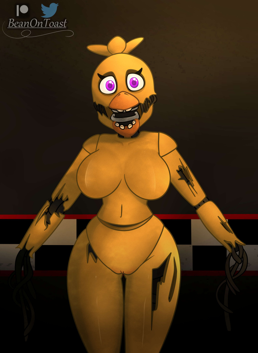 2023 absurd_res animatronic anthro artist_name avian beak beanontoast big_breasts bird breasts chicken curvy_figure detailed_background digital_drawing_(artwork) digital_media_(artwork) eyelashes featureless_breasts female five_nights_at_freddy's five_nights_at_freddy's_2 galliform gallus_(genus) genitals hi_res inside looking_at_viewer machine nude patreon patreon_logo phasianid purple_eyes pussy robot scottgames segmented_arms segmented_body segmented_legs solo thick_thighs twitter twitter_logo voluptuous watermark wide_hips withered_chica_(fnaf) yellow_body