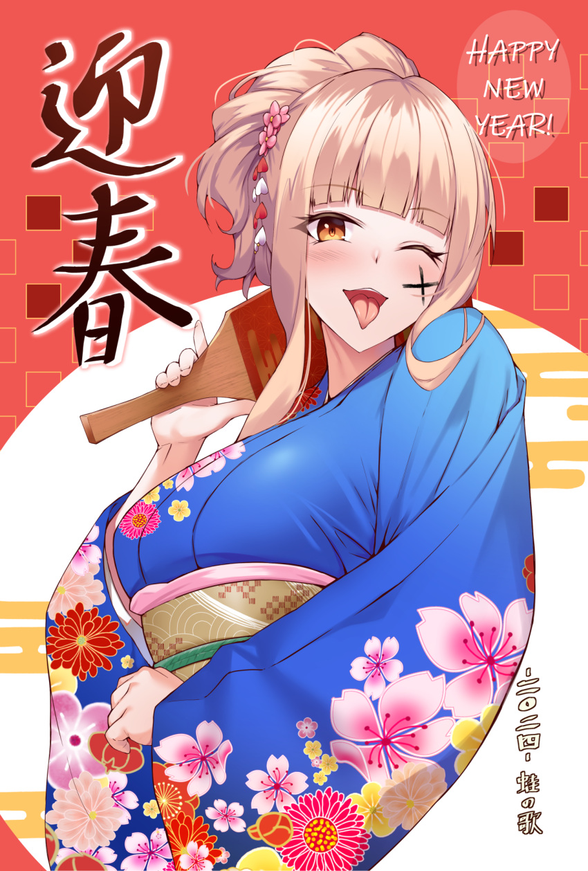 1girl ;p blue_kimono blush breasts brown_eyes commentary_request egasumi floral_print flower hagoita hair_flower hair_ornament hand_up happy_new_year highres holding japanese_clothes kaeru_no_uta kimono light_brown_hair long_sleeves looking_at_viewer medium_breasts obi one_eye_closed open_mouth original paddle pink_flower ponytail print_kimono red_background sash sleeves_past_wrists solo tongue tongue_out translation_request two-tone_background upper_body white_background wide_sleeves