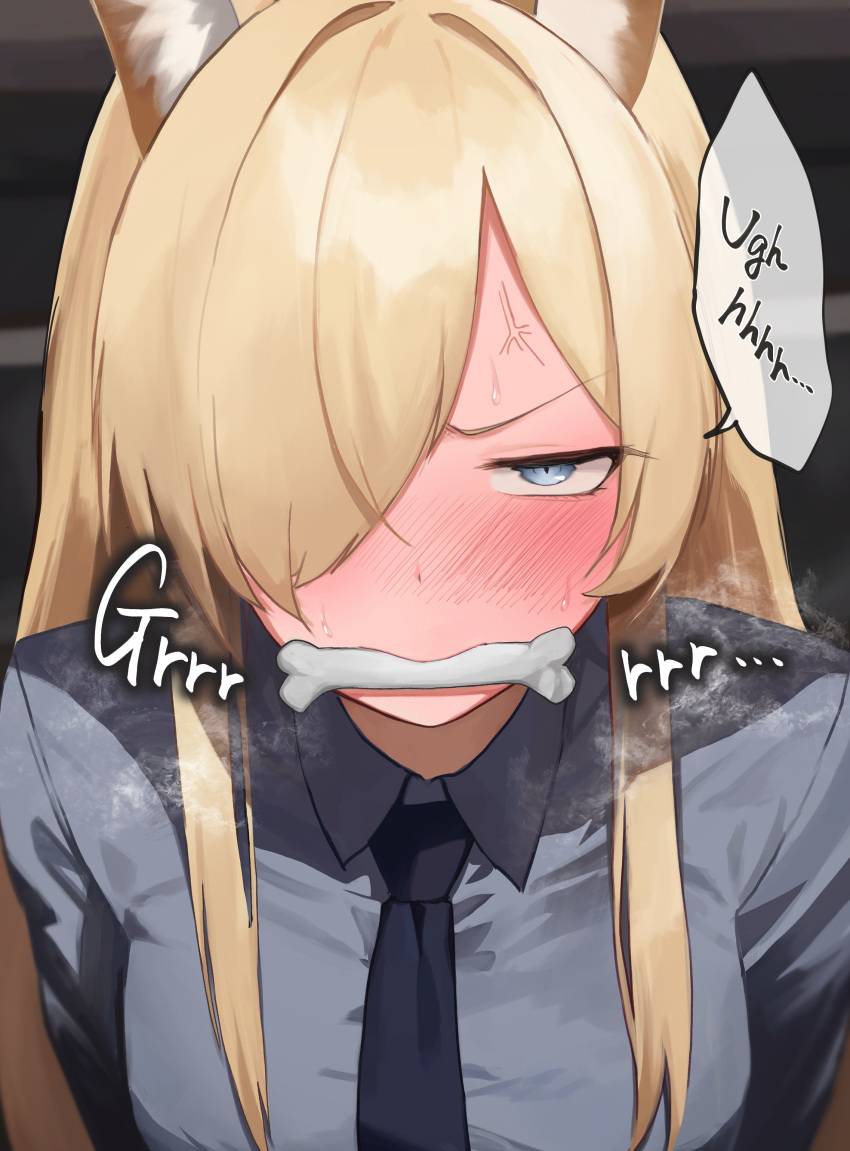 1girl absurdres alternate_language anger_vein angry animal_ears blonde_hair blue_archive blue_eyes blue_shirt blush bone collared_shirt dio_nand dog_ears embarrassed hair_over_one_eye half-closed_eyes highres kanna_(blue_archive) long_hair looking_at_viewer mouth_hold necktie shirt solo sweat upper_body v-shaped_eyebrows