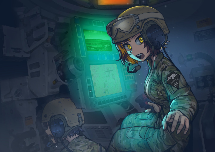 1girl 1other black_hair breasts brown_hair camouflage colored_inner_hair combat_helmet commentary commission erica_(naze1940) goggles goggles_on_headwear headphones headset helmet highres holding insignia interior jumpsuit long_sleeves looking_at_viewer microphone military military_uniform military_vehicle monitor motor_vehicle multicolored_hair multiple_monitors name_tag night_vision open_mouth orange_hair original overalls partially_unzipped patch screen screen_light short_hair shoulder_patch sitting soldier tank tank_cupola tank_helmet tank_interior teeth tongue two-tone_hair uniform unit_patch united_states_army upper_teeth_only vehicle_interior yellow_eyes zipper zipper_pull_tab