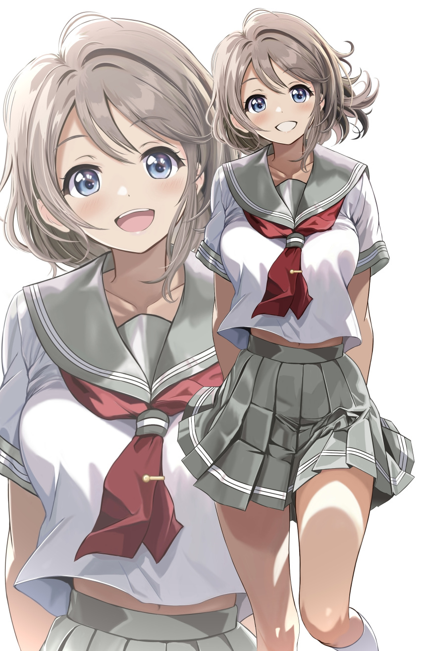 1girl :d absurdres arms_behind_back blue_eyes blush breasts brown_hair collarbone commentary_request grey_sailor_collar grey_skirt highres large_breasts legs_up looking_at_viewer love_live! love_live!_sunshine!! midriff midriff_peek navel neckerchief necktie open_mouth pleated_skirt red_neckerchief ribbon sailor_collar school_uniform serafuku short_hair short_sleeves simple_background skirt smile solo thighs uranohoshi_school_uniform watanabe_you wavy_hair zaofeng zoom_layer