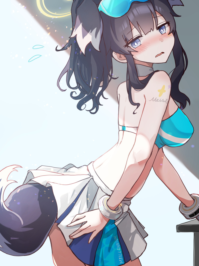 1girl animal_ears black_hair blue_archive blush breasts bright_pupils dog_ears dog_girl dog_tail flying_sweatdrops from_side halo hibiki_(blue_archive) hibiki_(cheer_squad)_(blue_archive) highres komena_(shinyday312) long_hair looking_at_viewer looking_to_the_side median_furrow medium_breasts millennium_cheerleader_outfit_(blue_archive) miniskirt nose_blush official_alternate_costume pleated_skirt ponytail sidelocks skirt solo tail tail_under_clothes white_pupils