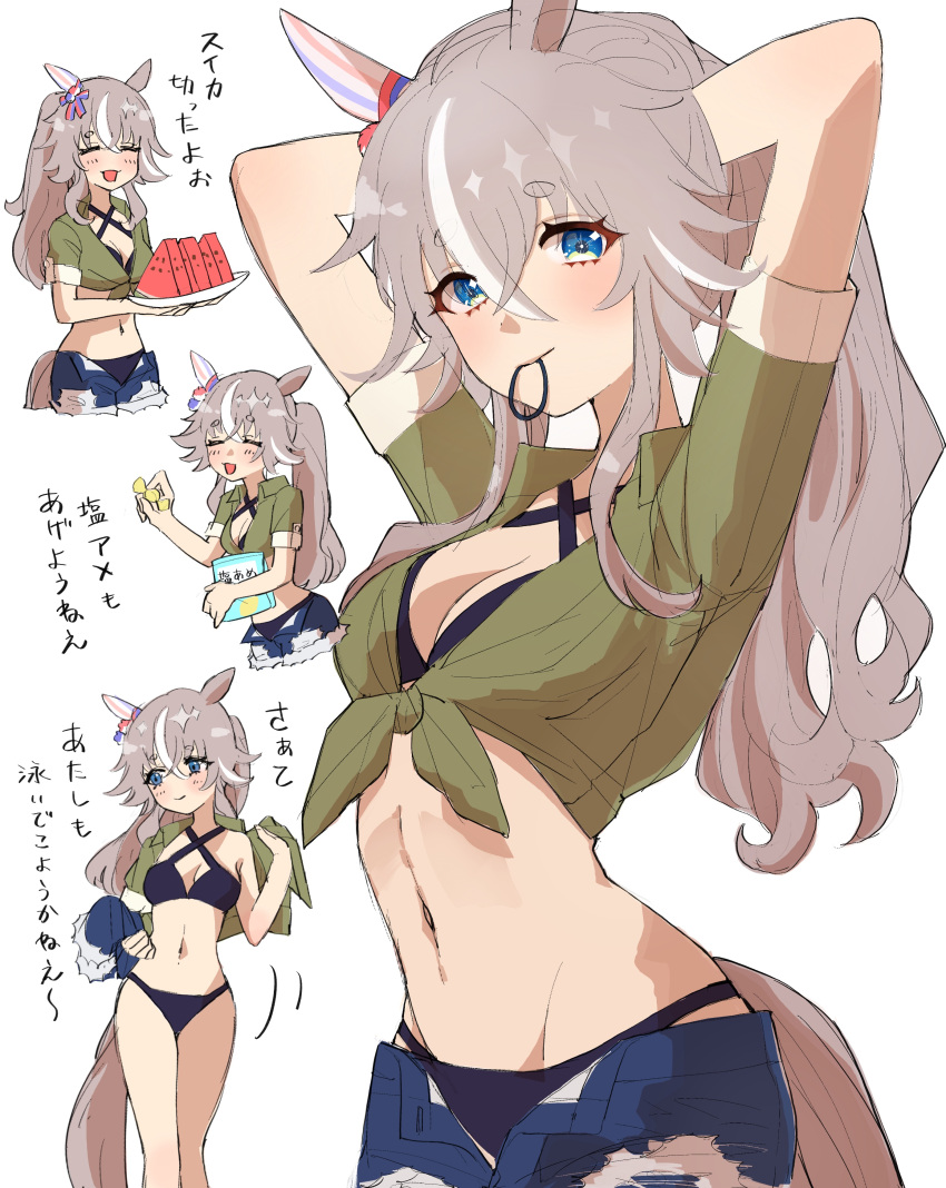 1girl =_= absurdres adjusting_clothes alternate_costume alternate_hairstyle animal_ears arms_up bikini blue_eyes blush breasts cleavage closed_mouth collarbone commentary commentary_request food fruit hair_between_eyes highres horse_ears horse_girl long_hair looking_at_viewer plate ponytail shorts small_breasts solo swimsuit tamar939338 thick_eyebrows translation_request umamusume watermelon white_background wonder_acute_(umamusume)