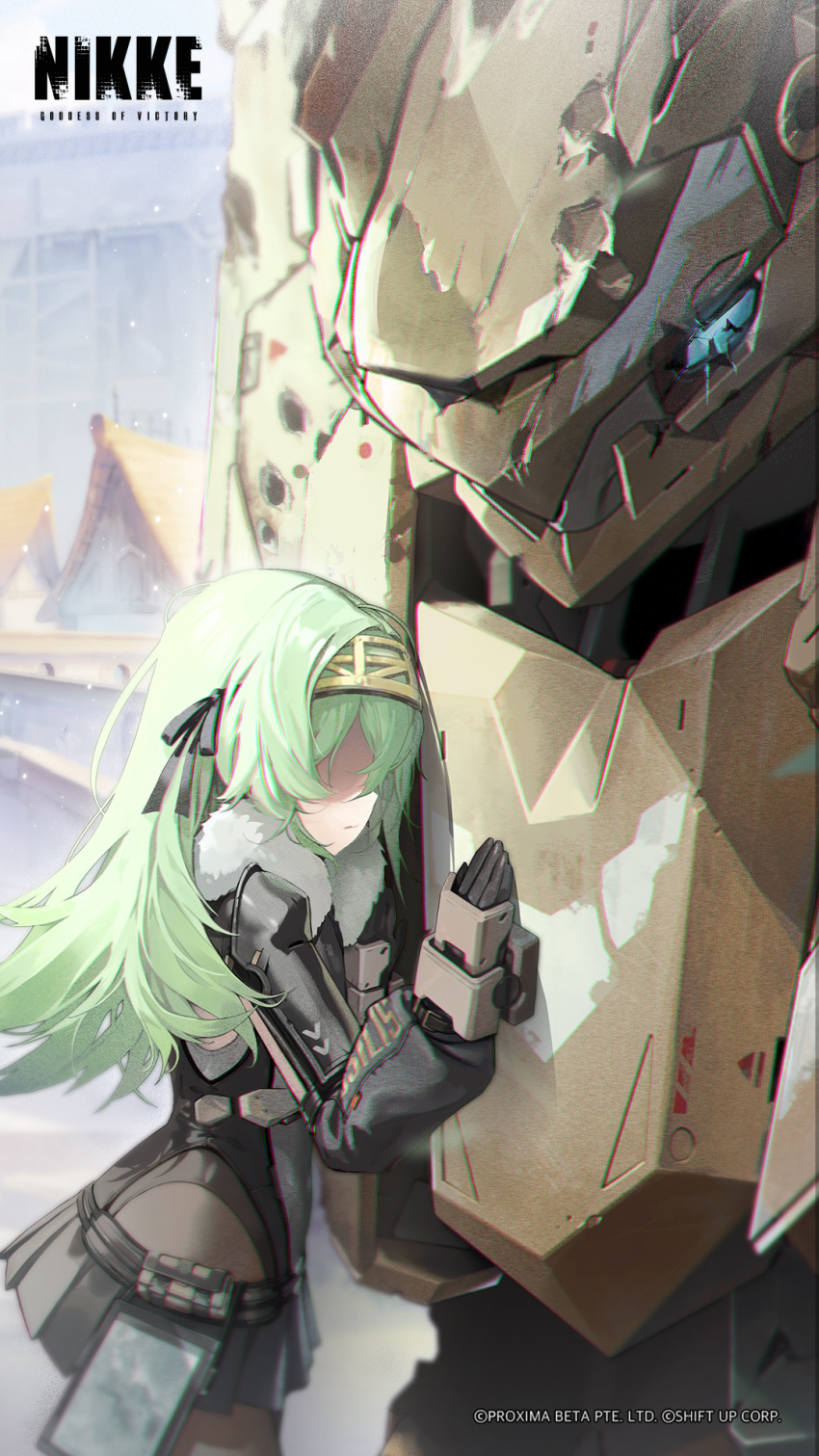 1girl artist_request black_gloves black_skirt closed_mouth commentary cropped english_commentary faceless faceless_female frown gloves goddess_of_victory:_nikke green_hair hairband highres jacket kilo_(nikke) long_hair mecha official_art outdoors pleated_skirt robot second-party_source skirt snowing standing tablet_pc talos_(nikke)