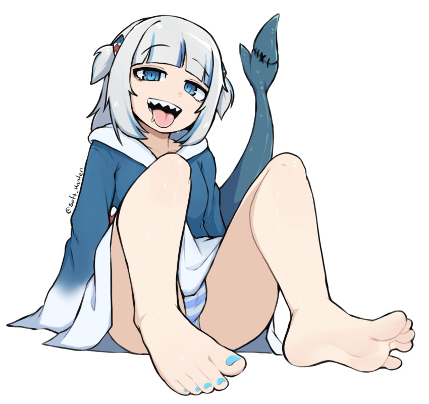 1girl bare_legs barefoot blue_eyes blue_nails dorsiflexion feet fins fish_tail gawr_gura highres hololive hololive_english knees_up legs looking_at_viewer multicolored_hair nail_polish panties sharp_teeth simple_background softhanten soles solo striped_clothes striped_panties sweat tail teeth toenail_polish toenails toes tongue tongue_out two-tone_hair underwear virtual_youtuber white_background