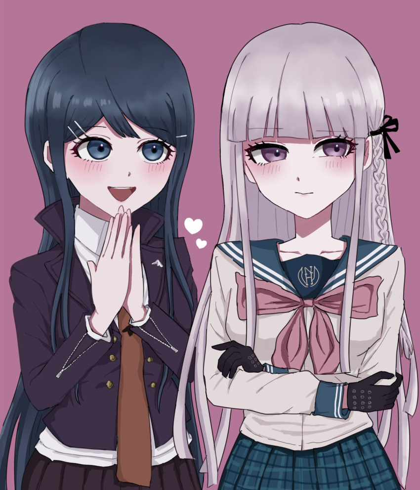 2girls :d black_gloves black_ribbon black_skirt blue_sailor_collar blunt_bangs blush bow bowtie braid breasts brown_necktie cosplay danganronpa:_trigger_happy_havoc danganronpa_(series) gloves green_eyes grey_hair hair_ornament hair_ribbon hairclip haniwaniwa heart highres jacket kirigiri_kyoko kirigiri_kyoko_(cosplay) large_breasts long_hair maizono_sayaka maizono_sayaka_(cosplay) miniskirt multiple_girls necktie open_clothes open_jacket own_hands_together pink_background pink_bow pink_bowtie plaid plaid_skirt pleated_skirt ribbon sailor_collar side_braid simple_background skirt smile teeth upper_body upper_teeth_only