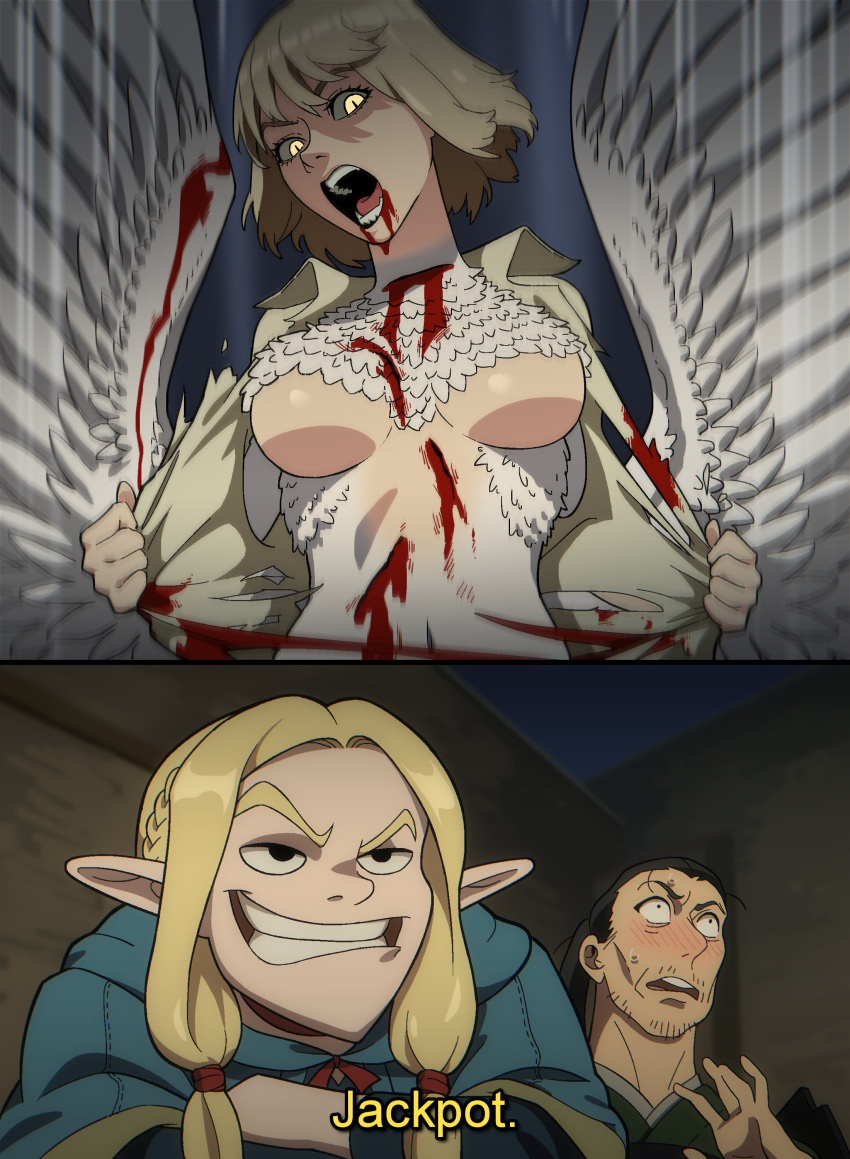 2girls absurdres american_dragon_jake_long black_hair blonde_hair blood blue_capelet blush braid breasts capelet chimera dungeon_meshi elf falin_touden falin_touden_(chimera) feathered_wings feathers highres hood japanese_clothes long_hair marcille_donato meme monster_girl multiple_girls pointy_ears ponytail short_hair shurou smile torn_clothes turoboto wings yellow_eyes