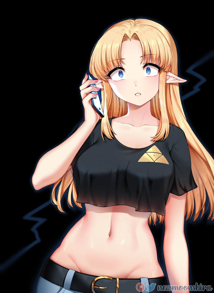 1girl absurdres alternate_costume belt black_background black_belt black_shirt blonde_hair blue_eyes breasts cellphone collarbone crop_top denim highres hip_bones holding holding_phone jeans large_breasts long_hair midriff navel newmoonshira pants patreon_logo patreon_username phone pointy_ears princess_zelda print_shirt shirt smartphone solo surprised the_legend_of_zelda the_legend_of_zelda:_a_link_to_the_past triforce_print twitter_logo twitter_username upper_body wide-eyed