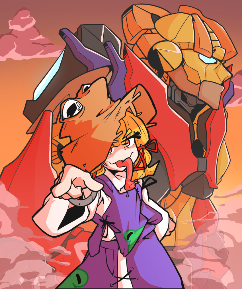 1girl blonde_hair cloud hair_ornament hair_ribbon hat highres hisou_tensoku jewelry kappamin long_sleeves looking_at_viewer mecha moriya_suwako pointing pointing_at_viewer pyonta ribbon ring robot skirt steam sunset tongue tongue_out touhou vest wide_sleeves yellow_eyes