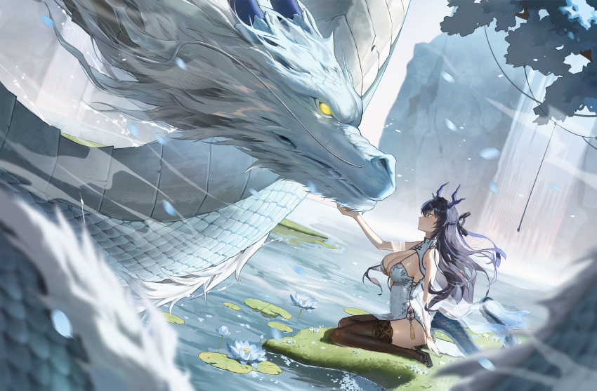 1girl absurdres antlers bare_shoulders black_footwear black_hair black_ribbon black_thighhighs blue_flower blue_ribbon blush bodiedwile braid breasts china_dress chinese_clothes chinese_knot chinese_zodiac cleavage cliff dragon dragon_girl dragon_horns dragon_tail dress eastern_dragon flower flying fog gold_tassel grass green_eyes hair_intakes hair_ribbon half_updo hand_on_another's_chin high_heels highres horns lake large_breasts lily_pad long_hair looking_at_another lotus monster original pelvic_curtain petals petals_on_liquid plant ribbon scales see-through_shawl shawl shiny_skin side_slit sitting snout solo tail tassel thighhighs tree vine_print vines wariza water waterfall whiskers white_fur year_of_the_dragon yellow_eyes