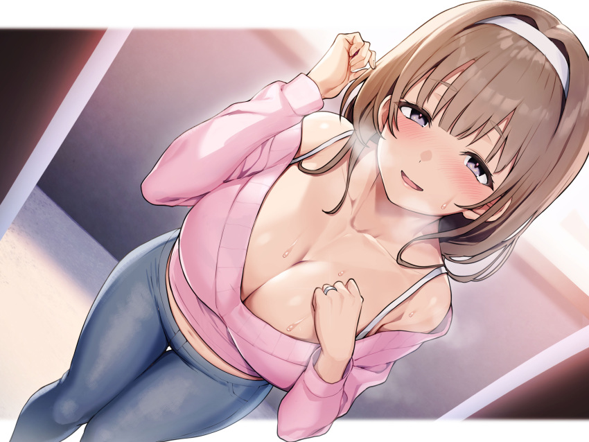 1girl absurdres blue_pants blunt_bangs blush bra_strap breasts brown_hair collarbone denim headband highres jeans large_breasts long_hair long_sleeves looking_at_viewer navel non-web_source open_mouth original pants pink_sweater purple_eyes sidelocks smile solo standing sweat sweater umihal