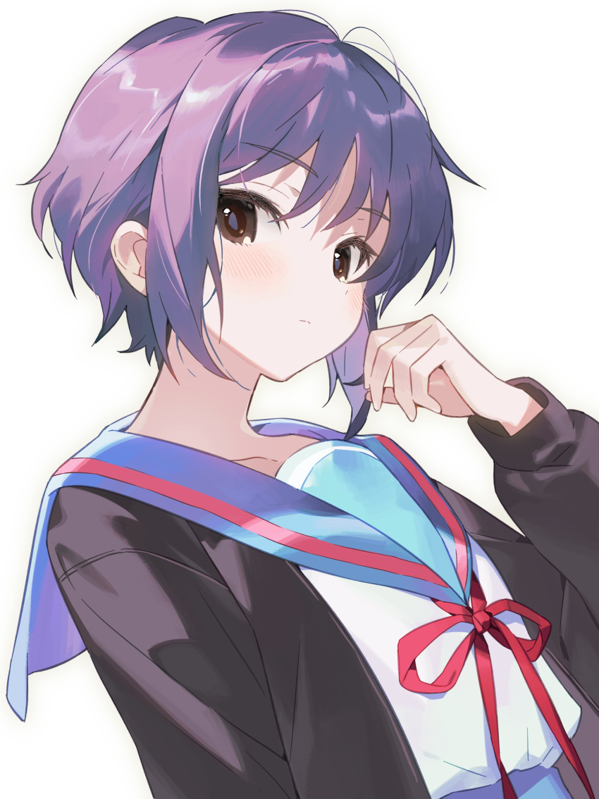 1girl absurdres blue_skirt brown_eyes brown_jacket closed_mouth dot_nose dutch_angle from_below head_tilt highres holding_own_hair jacket kita_high_school_uniform light_blush long_sleeves looking_at_viewer nagato_yuki neck_ribbon purple_hair red_ribbon ribbon school_uniform seoji serafuku shirt short_hair short_hair_with_long_locks sidelocks simple_background skirt solo suzumiya_haruhi_no_yuuutsu upper_body white_background white_shirt winter_uniform