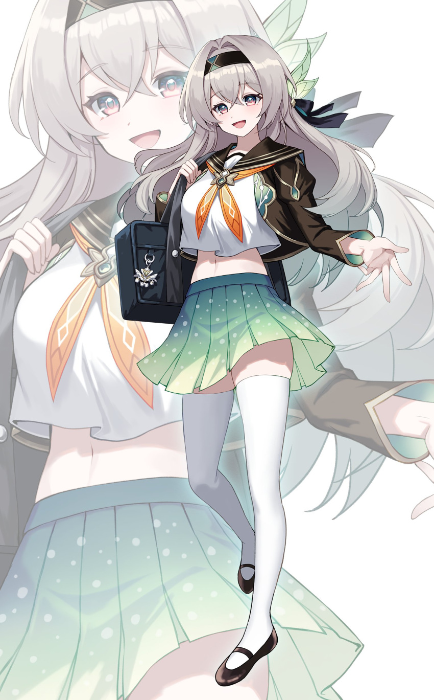 1girl :d absurdres adapted_costume aqua_skirt bag black_footwear black_hairband black_jacket black_sailor_collar charm_(object) commentary crop_top crop_top_overhang firefly_(honkai:_star_rail) grey_hair hair_intakes hairband highres honkai:_star_rail honkai_(series) jacket kyundoo long_hair long_sleeves looking_at_viewer mary_janes midriff miniskirt navel neckerchief open_clothes open_jacket open_mouth pleated_skirt purple_eyes sailor_collar sam_(honkai:_star_rail) school_bag school_uniform serafuku shirt shoes skirt smile stomach thighhighs very_long_hair white_background white_shirt white_thighhighs yellow_neckerchief zettai_ryouiki zoom_layer