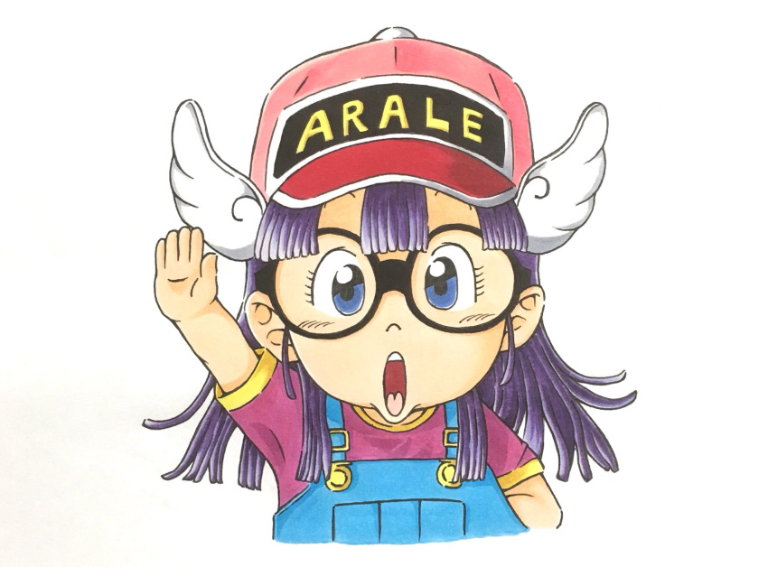 1girl arm_up blue_eyes blue_overalls character_name commentary_request dr._slump glasses hat highres long_hair looking_at_viewer norimaki_arale open_mouth overalls purple_hair purple_shirt shirt simple_background solo sooma4869 upper_body white_background white_wings wings