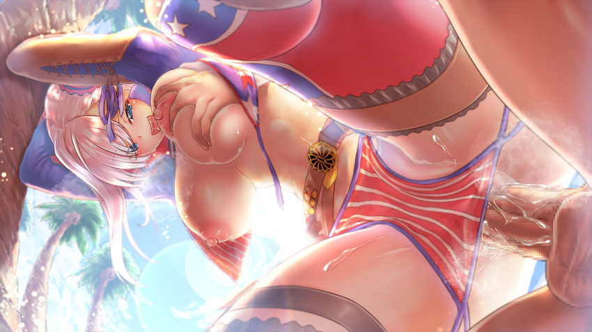 1boy 1girl against_tree bet blue_eyes breast_grab breasts doggystyle fate/grand_order fate_(series) from_below grabbing heavy_breathing highres large_breasts miyamoto_musashi_(fate/grand_order) nipples open_mouth outdoors palm_tree panties panty_pull renkon_(s36tereste) saliva sex sex_from_behind swimsuit topless tree underwear