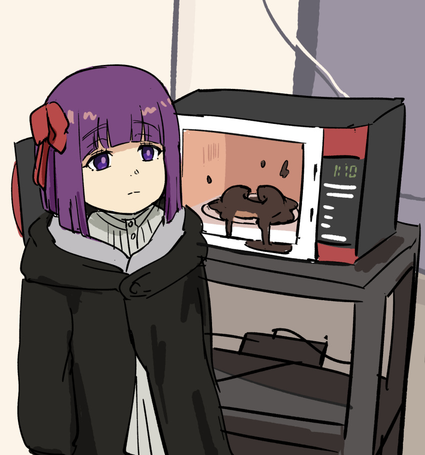 1girl aged_down black_coat blunt_bangs bob_cut coat commentary_request contemporary doughnut dress failure fern_(sousou_no_frieren) food highres hood hooded_coat indoors long_sleeves looking_at_viewer microwave purple_eyes purple_hair short_hair sidelocks sketch solo sousou_no_frieren tenten_(chan4545) white_dress