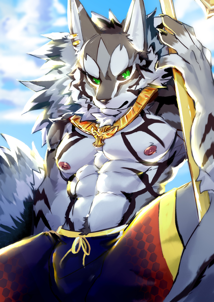 abs absurd_res anthro black_body black_fur bulge bunic canid canine canis clothing ear_piercing ear_ring fur green_eyes grey_body grey_fur hi_res jackal jewelry looking_at_viewer male mammal necklace nipples pecs piercing seth_(tas) sky solo staff swimwear