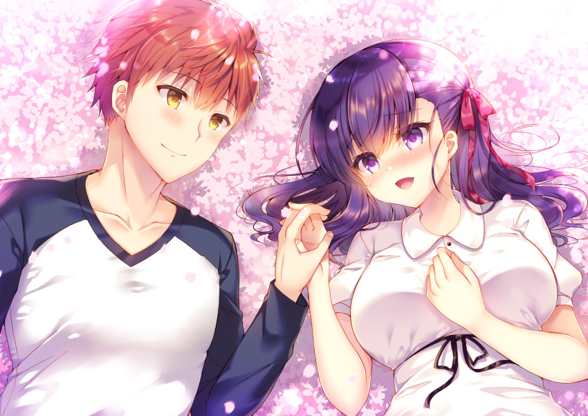 1boy 1girl :d absurdres bangs blush bow breasts brown_hair closed_mouth collared_dress commentary_request dress emiya_shirou eye_contact eyebrows_visible_through_hair fate/stay_night fate_(series) flower hair_between_eyes hair_bow heaven's_feel highres holding_hands long_hair long_sleeves looking_at_another lying matou_sakura medium_breasts on_back open_mouth pink_flower puffy_short_sleeves puffy_sleeves purple_eyes purple_hair raglan_sleeves red_bow shirt short_sleeves smile suzunone_rena upper_body white_dress white_shirt yellow_eyes