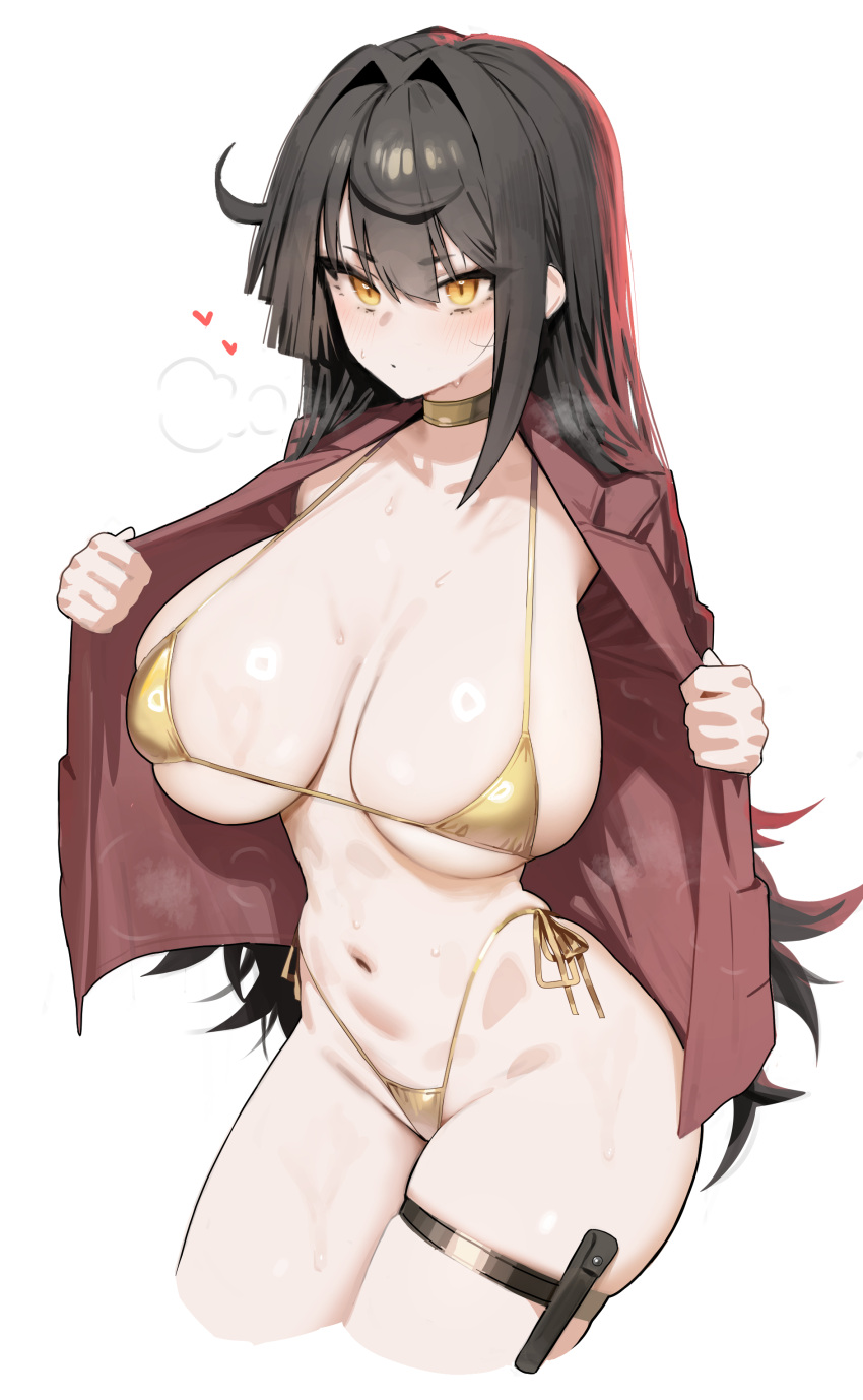 1girl absurdres bikini black_hair blush breasts choker gold_bikini highres holster huge_breasts jacket long_hair looking_at_viewer micro_bikini mochirong navel open_clothes open_jacket original side-tie_bikini_bottom solo sweat swimsuit thigh_holster thighs white_background yellow_eyes