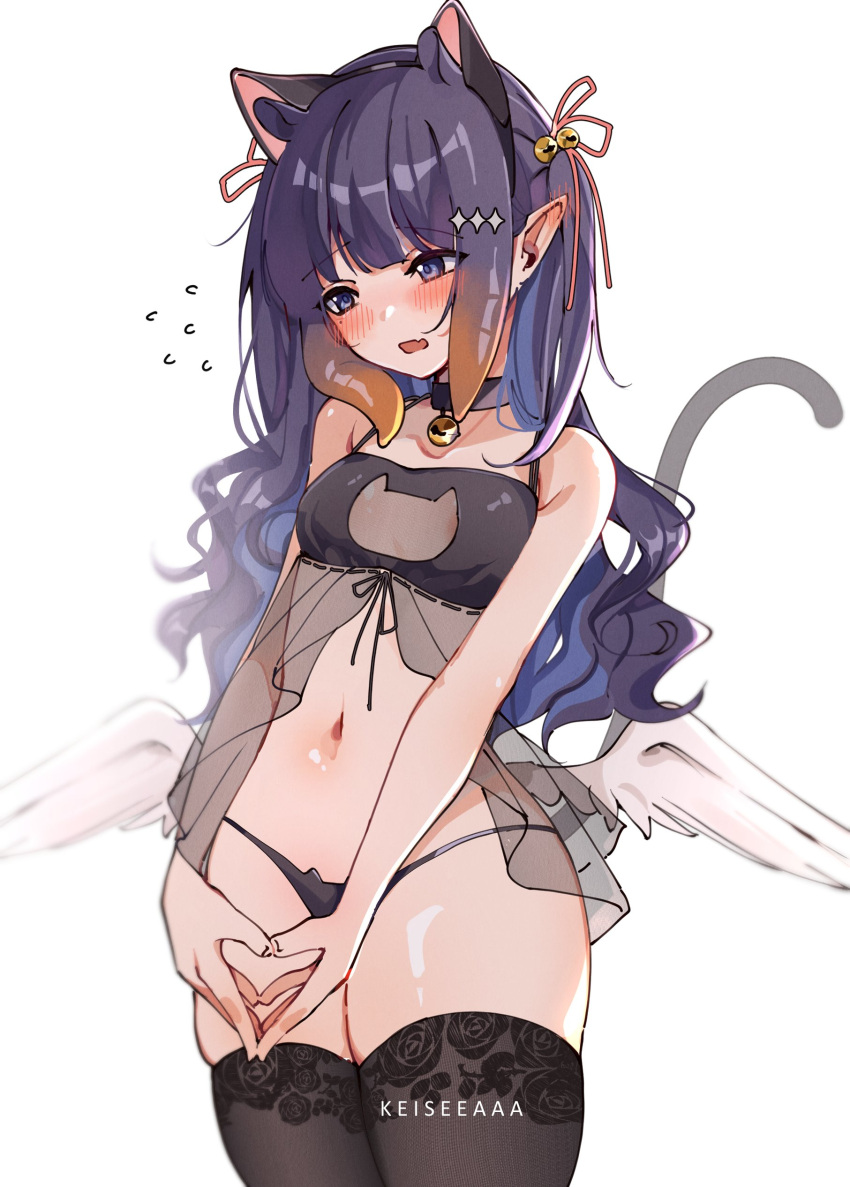 1girl absurdres animal_ear_hairband animal_ears artist_name bell black_camisole black_choker black_thighhighs blush breasts camisole cat_cutout cat_ear_hairband cat_ear_panties cat_ears cat_tail choker clothing_cutout cowboy_shot ear_blush fake_animal_ears hair_ornament hair_ribbon hairband hairclip highres hololive hololive_english jingle_bell keisea looking_to_the_side low_wings navel ninomae_ina'nis paid_reward_available panties pointy_ears purple_eyes purple_hair ribbon see-through_camisole simple_background small_breasts solo steepled_fingers tail tentacles thighhighs underwear white_background wings