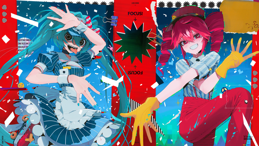 2girls absurdres apron aqua_choker aqua_hair aqua_nails arm_up arrow_(symbol) artist_name black_eyes blue_dress choker collared_shirt dancing dress drill_hair emoji fingernails frilled_apron frilled_dress frills glitch gloves grey_apron grey_shirt grin hair_between_eyes hair_intakes halftone hat hatsune_miku highres inset kasane_teto leg_up long_hair looking_at_viewer mesmerizer_(vocaloid) morse_code_commentary multiple_girls nail_polish open_mouth pants puffy_short_sleeves puffy_sleeves red_eyes red_hair red_hat red_pants sena_8ito shaded_face sharp_teeth shirt short_sleeves smile song_name standing standing_on_one_leg striped_clothes striped_dress striped_shirt suspenders sweat teeth tongue tongue_out twin_drills twintails utau vertical-striped_clothes vertical-striped_dress very_long_hair vocaloid waist_apron wrist_cuffs yellow_gloves