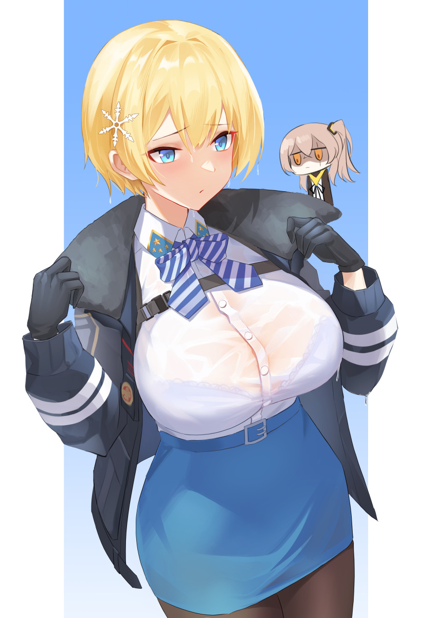 2girls absurdres black_gloves black_jacket black_pantyhose blonde_hair blue_background blue_bow blue_bowtie blue_eyes blue_skirt blush bow bowtie bra breast_envy breasts brown_hair chibi closed_mouth collared_shirt commentary_request fur-trimmed_jacket fur_trim girls'_frontline gloves hair_between_eyes hair_ornament highres jacket lord-erica multiple_girls one_side_up open_clothes open_jacket orange_eyes pantyhose partially_shaded_face pencil_skirt scar scar_across_eye shirt short_hair simple_background skirt snowflake_hair_ornament striped_bow striped_bowtie striped_clothes two-tone_background two-tone_bowtie ump45_(girls'_frontline) underwear vsk-94_(girls'_frontline) wet wet_clothes wet_shirt white_background white_bow white_bowtie white_shirt
