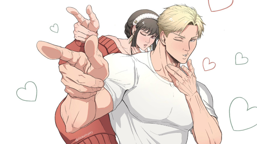 1boy 1girl bare_shoulders black_hair blonde_hair blowing_kiss breasts earrings gold_earrings hair_ornament highres husband_and_wife jewelry long_hair long_sleeves one_eye_closed open_mouth out_of_character parody pointing pointing_at_viewer pose_imitation red_eyes ricebunnyarts shirt short_hair sidelocks spy_x_family standing twilight_(spy_x_family) two-sided_fabric yor_briar