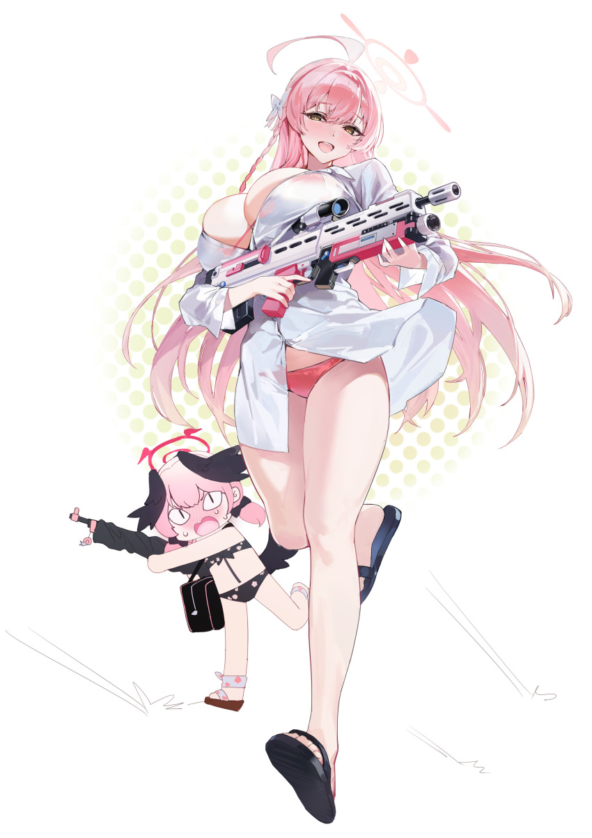 &lt;|&gt;_&lt;|&gt; absurdres ahoge artist_request bikini bikini_under_clothes blue_archive bow braid gun halo hanako_(blue_archive) hanako_(swimsuit)_(blue_archive) highres holding holding_gun holding_weapon koharu_(blue_archive) koharu_(swimsuit)_(blue_archive) long_hair official_alternate_costume oversized_clothes oversized_shirt pink_bikini pink_hair pink_halo rifle see-through see-through_shirt shirt side_braid swimsuit weapon wet wet_clothes wet_shirt white_bow wings