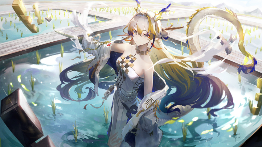 1girl arknights bare_shoulders blonde_hair blue_hair breasts colored_skin commentary_request dragon_girl dragon_horns dragon_tail gradient_hair green_skin grey_eyes hair_between_eyes highres holding holding_sword holding_weapon horns jacket jewelry looking_at_viewer multicolored_hair multicolored_skin necklace outdoors pointy_ears red_pupils rice_paddy shu_(arknights) small_breasts smile solo strapless sword sye tail tube_top wading water weapon white_hair white_jacket white_tube_top