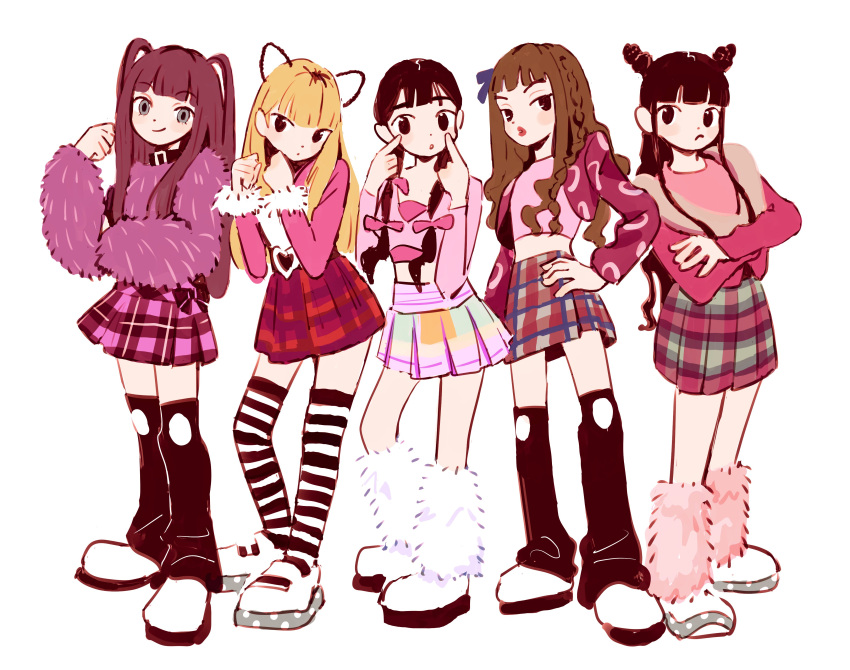 5girls absurdres belt black_belt black_eyes black_thighhighs blunt_bangs bow braid brown_hair clenched_hands crossed_arms danielle_(newjeans) double_bun everyone grey_eyes haerin_(newjeans) hair_behind_ear hair_bow hair_bun hand_on_own_hip hanni_(newjeans) highres hyein_(newjeans) iwashi_iwashimo jacket k-pop looking_at_viewer low_twintails midriff_peek minji_(newjeans) multiple_girls newjeans pink_bow pink_jacket pink_shirt pink_skirt plaid plaid_skirt purple_sweater real_life shirt shoes sidelocks simple_background skirt smile sneakers striped_clothes striped_thighhighs sweater thighhighs twintails two_side_up white_background white_footwear