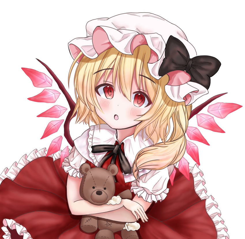 1girl black_bow black_bowtie black_ribbon bow bowtie cowboy_shot crystal_wings flandre_scarlet from_above hat hat_ribbon highres light_blush looking_at_viewer neck_ribbon open_mouth ribbon ruby-pancake simple_background solo stuffed_animal stuffed_toy teddy_bear touhou white_background white_mob_cap