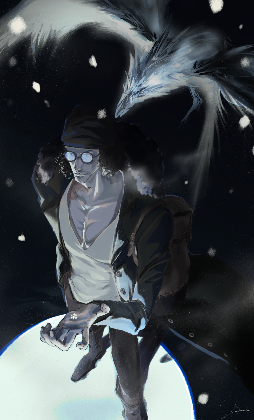 1boy absurdres black_hair coat cryokinesis curly_hair damon_(damonn_h) facial_hair from_above glasses goatee_stubble highres kuzan_(aokiji) long_hair looking_ahead male_focus mature_male one_piece opaque_glasses open_clothes open_coat open_hand pants pectoral_cleavage pectorals shirt snowing solo standing stubble sunglasses