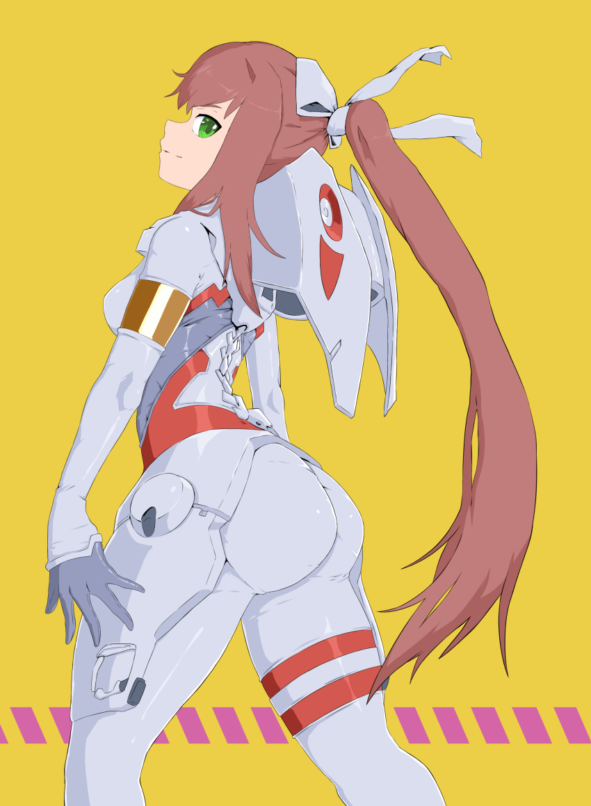 1girl absurdres ass bodysuit breasts brown_hair cosplay darling_in_the_franxx doki_doki_literature_club green_eyes hair_ribbon highres long_hair looking_at_viewer looking_back medium_breasts monika_(doki_doki_literature_club) pilot_suit ponytail ribbon rover_rabbit_(doz668) skin_tight smile solo white_bodysuit white_ribbon zero_two_(darling_in_the_franxx) zero_two_(darling_in_the_franxx)_(cosplay)