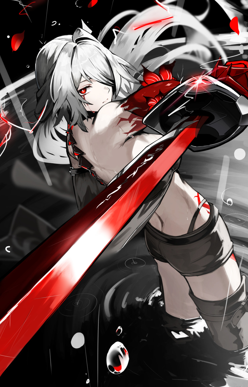 1girl absurdres acheron_(honkai:_star_rail) armpit_crease asymmetrical_legwear back bare_shoulders black_choker black_coat black_shorts blood blood_from_eyes body_markings boots bright_pupils choker closed_mouth coat coattails commentary_request detached_sleeves from_behind glint hair_intakes hair_over_one_eye highres holding holding_sword holding_weapon honkai:_star_rail honkai_(series) long_hair looking_at_viewer official_alternate_color osashimi_0343x rain red_eyes red_pupils shorts sidelocks single_detached_sleeve single_thigh_boot solo spine standing sword thigh_boots thighs wading water water_drop weapon white_hair white_pupils