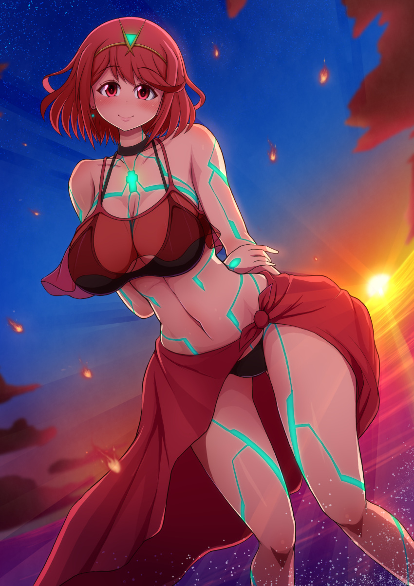 1girl beach bikini breasts glowing_lines highres homura_(xenoblade_2) large_breasts looking_down navel ponponmaru red_eyes red_hair short_hair smile solo sunset swimsuit xenoblade_(series) xenoblade_2