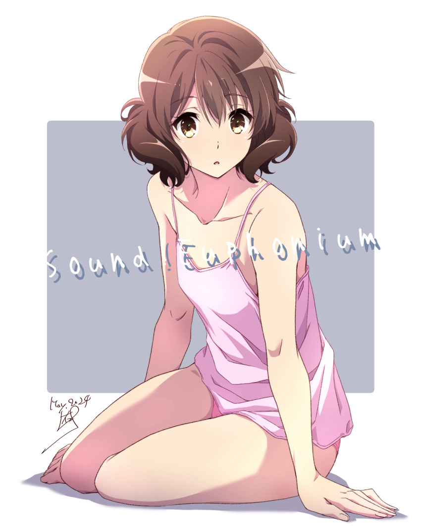 1girl :o barefoot breasts brown_eyes brown_hair camisole collarbone commentary_request copyright_name dated hibike!_euphonium highres long_sleeves looking_at_viewer nii_manabu oumae_kumiko panties pink_camisole pink_panties purple_background short_hair signature sitting small_breasts solo thighs toes two-tone_background underwear white_background