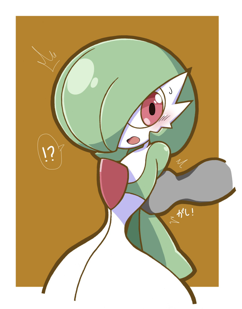 !? bob_cut colored_skin dress envi55109095 gardevoir grabbing_another's_arm green_hair hair_over_one_eye highres multicolored_skin open_clothes out_of_frame pink_eyes pokemon pokemon_(creature) simple_background two-tone_skin white_dress white_skin
