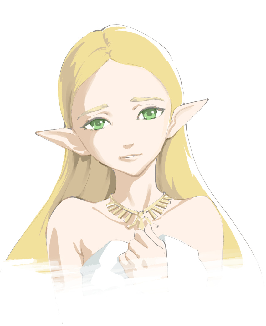 1girl bare_shoulders blonde_hair dress green_eyes hand_on_own_chest hashiguchi_takashi highres jewelry light_smile looking_at_viewer necklace parted_lips pointy_ears princess_zelda solo the_legend_of_zelda the_legend_of_zelda:_breath_of_the_wild upper_body white_dress