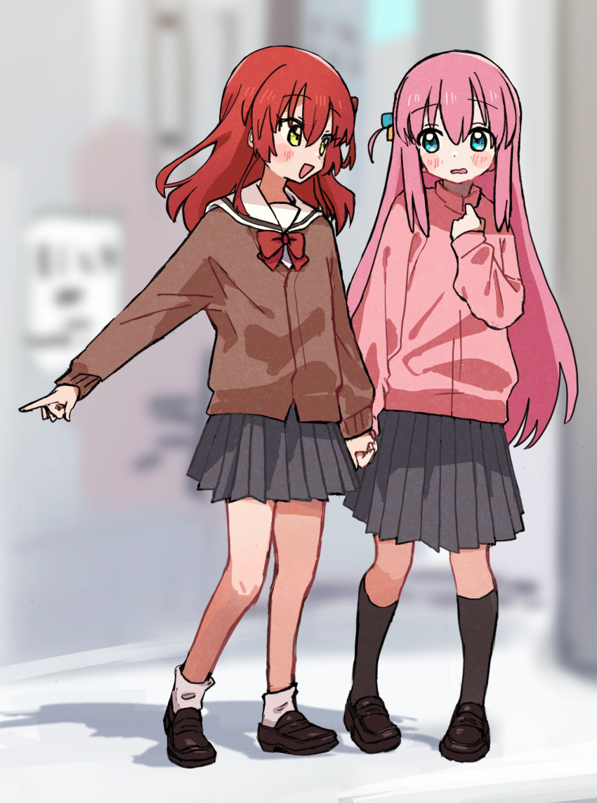 2girls :d absurdres ankle_socks black_socks blue_eyes blurry blurry_background blush blush_stickers bocchi_the_rock! bow bowtie brown_cardigan brown_footwear cardigan cube_hair_ornament full_body fxxk_pote10 gotoh_hitori green_eyes grey_skirt hair_between_eyes hair_ornament highres holding_hands kita_ikuyo kneehighs loafers long_hair long_sleeves looking_at_another multiple_girls one_side_up open_mouth pink_hair pink_sweater pleated_skirt red_bow red_bowtie red_hair sailor_collar school_uniform shoes shuka_high_school_uniform skirt smile socks standing sweater very_long_hair white_sailor_collar white_socks