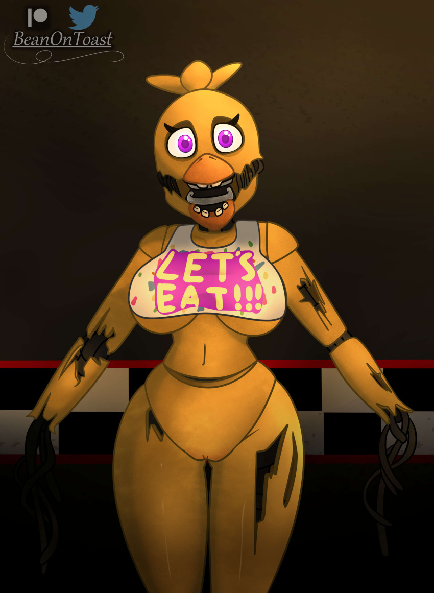 2023 absurd_res animatronic anthro artist_name avian beak beanontoast bib bib_only big_breasts bird bottomless bottomless_anthro bottomless_female breasts chicken clothed clothing curvy_figure detailed_background digital_drawing_(artwork) digital_media_(artwork) eyelashes female five_nights_at_freddy's five_nights_at_freddy's_2 galliform gallus_(genus) genitals hi_res inside looking_at_viewer machine patreon patreon_logo phasianid purple_eyes pussy robot scottgames segmented_arms segmented_body segmented_legs solo thick_thighs twitter twitter_logo under_boob voluptuous watermark wide_hips withered_chica_(fnaf) yellow_body