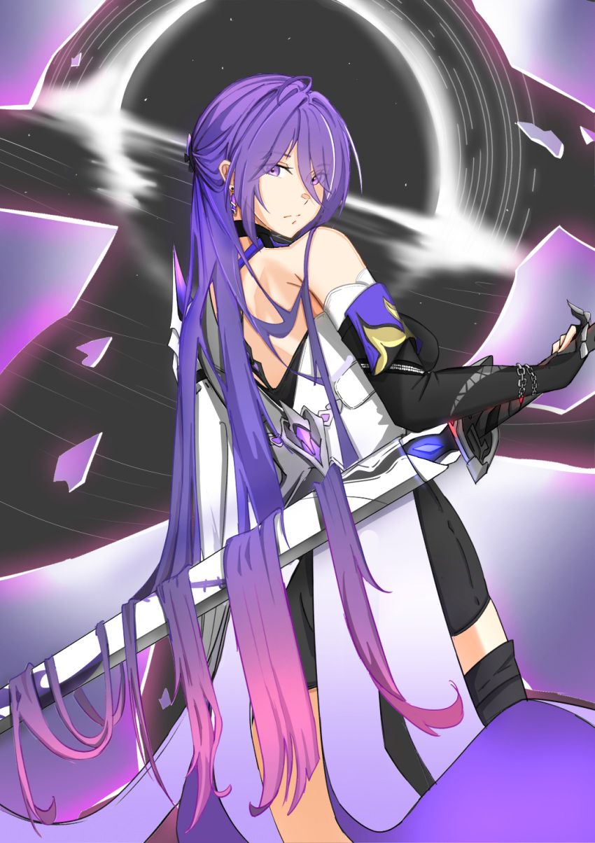 1girl acheron_(honkai:_star_rail) ahoge armor armpit_crease asymmetrical_legwear back bandaged_arm bandages black_choker black_gloves black_shorts boots broken_glass chain chain_around_arm choker closed_mouth coat coattails cowboy_shot detached_sleeves earrings eyes_visible_through_hair glass gloves hair_between_eyes hair_intakes hair_ornament hair_over_one_eye highres holding holding_sword holding_weapon honkai:_star_rail honkai_(series) jewelry long_hair looking_at_viewer multicolored_hair nyuusai purple_eyes purple_hair scabbard sheath shorts shoulder_armor sidelocks single_bare_shoulder single_detached_sleeve single_thigh_boot solo streaked_hair sword thigh_boots thighs very_long_hair weapon white_coat