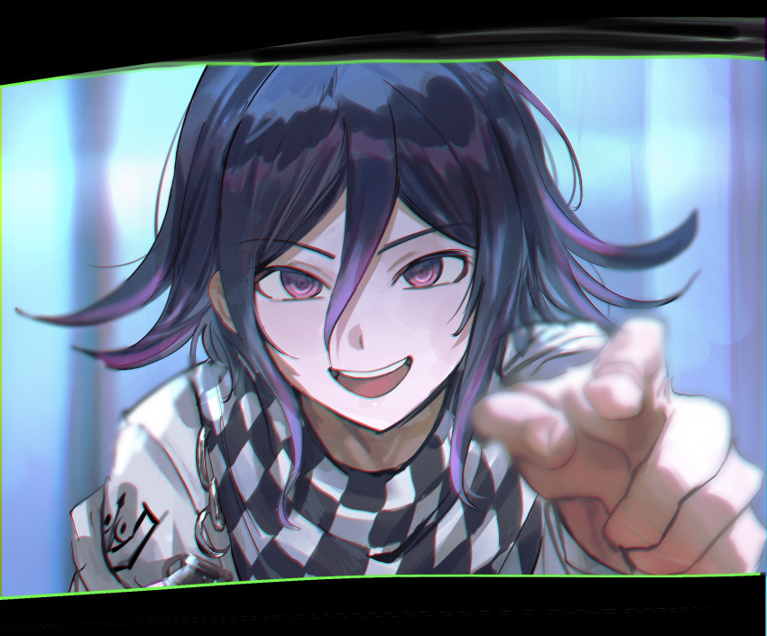 1boy :d black_hair bojue_(hakus_1128) checkered_clothes checkered_scarf danganronpa_(series) danganronpa_v3:_killing_harmony flipped_hair grey_jacket hair_between_eyes hand_up highres jacket long_sleeves male_focus medium_hair multicolored_hair oma_kokichi pink_eyes pink_hair portrait purple_hair scarf smile solo teeth two-tone_hair upper_teeth_only